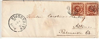 FRIMÆRKER DANMARK | 1863 - AFA 9 - 4 Skilling brun x 2 på brev - Stemplet